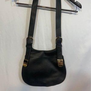 BLACK saddle bag crossbody purse. Gold buckle. Paisley pattern inside. NWOT